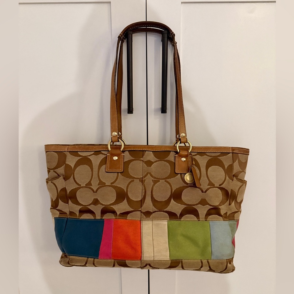 Coach signature khaki multicolor stripe tote / diaper bag